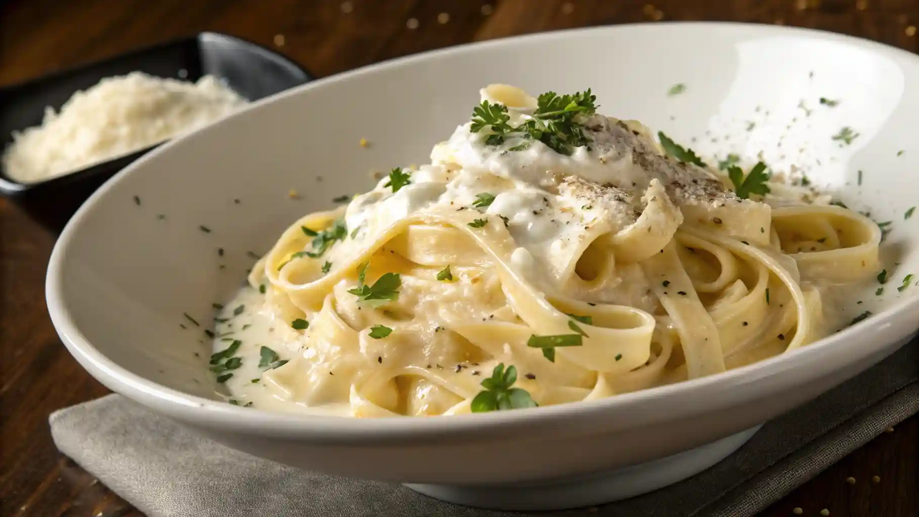 Wide shot of a bowl of creamy Cottage Cheese Alfredo pasta garnished with fresh Parmesan and black pepper on a rustic dark wood table, ready to eat.