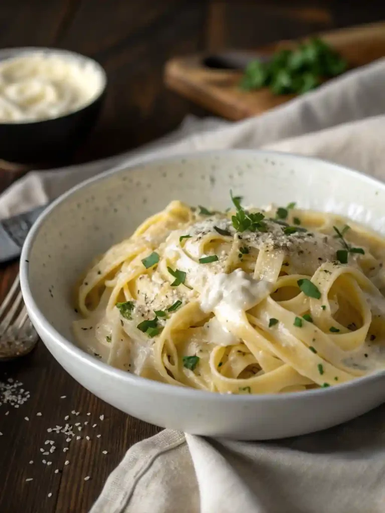Wide shot of a bowl of creamy Cottage Cheese Alfredo pasta garnished with fresh Parmesan and black pepper on a rustic dark wood table, ready to eat.
