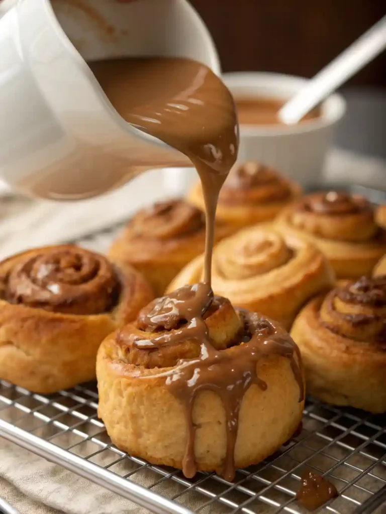 Thick, brown coffee icing being generously drizzled onto freshly baked, warm cinnamon knots.