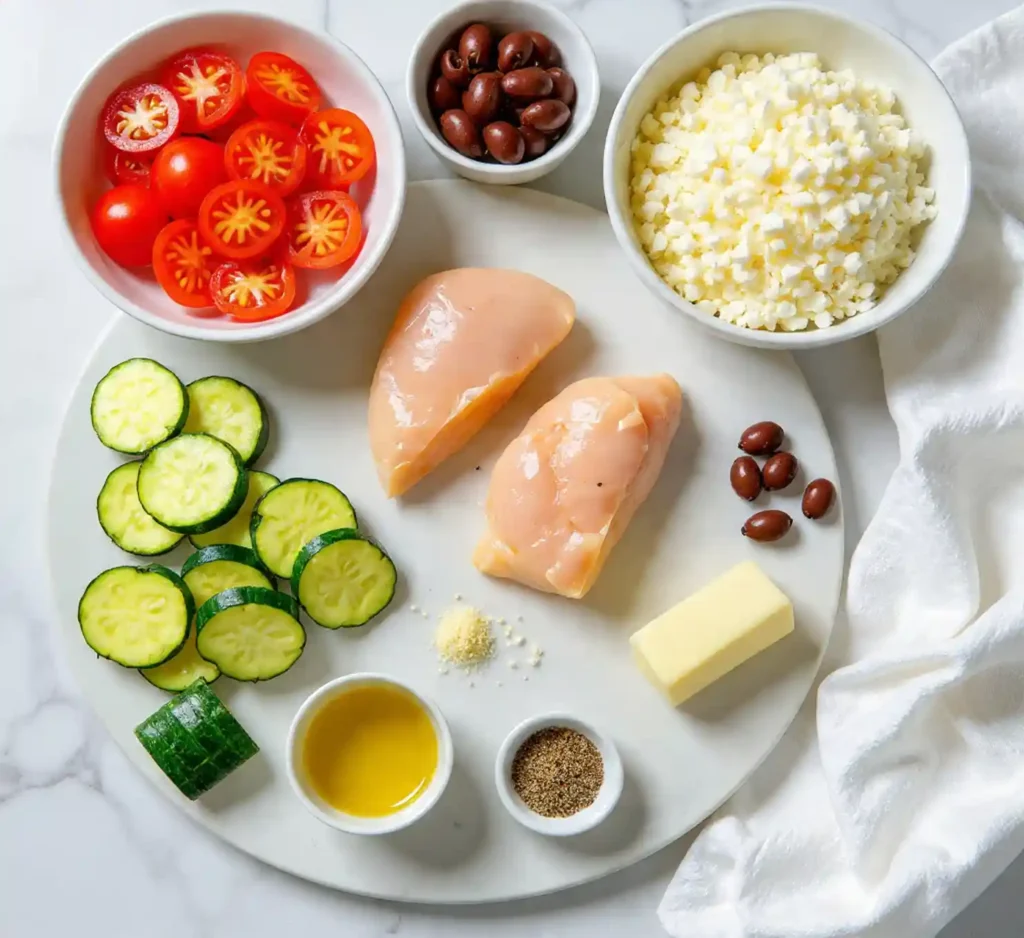 Overhead flat-lay shot of raw ingredients including cubed chicken, sliced zucchini, cherry tomatoes, olives, feta cheese, garlic, and Italian seasoning on a marble counter.