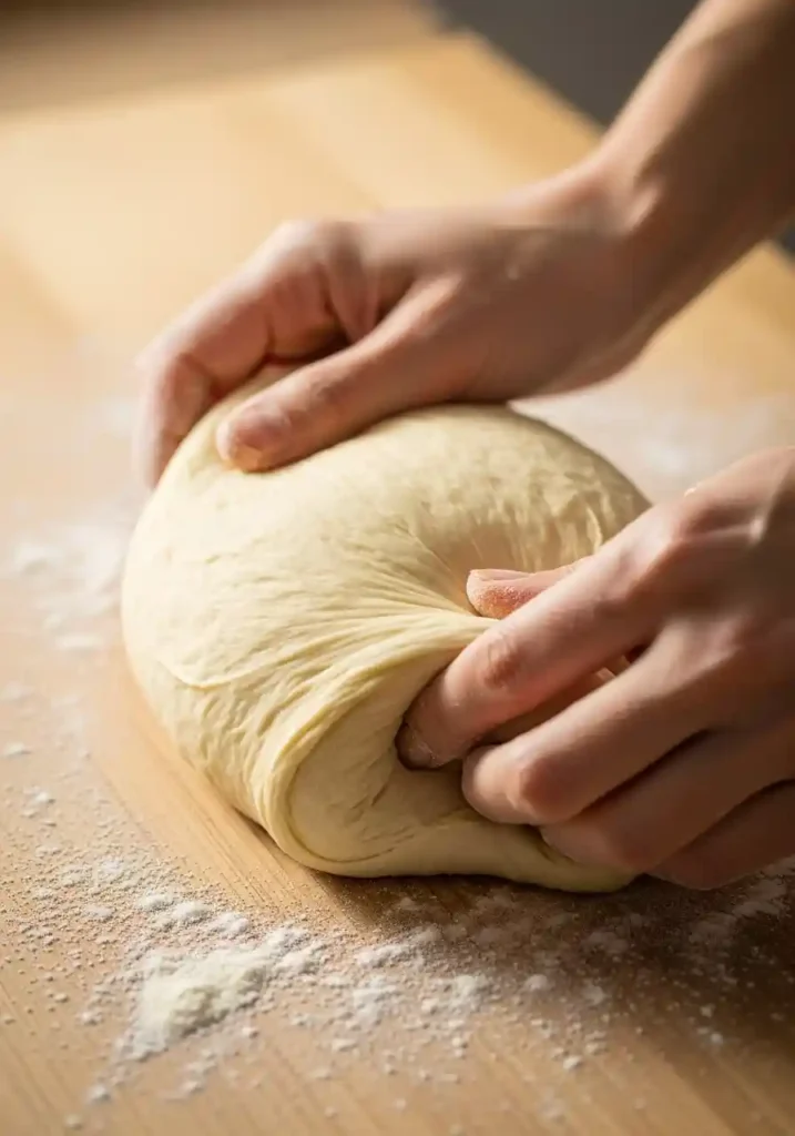 A pair of hands gently kneading the enriched yeast dough on a wooden counter for the cinnamon knot recipe.