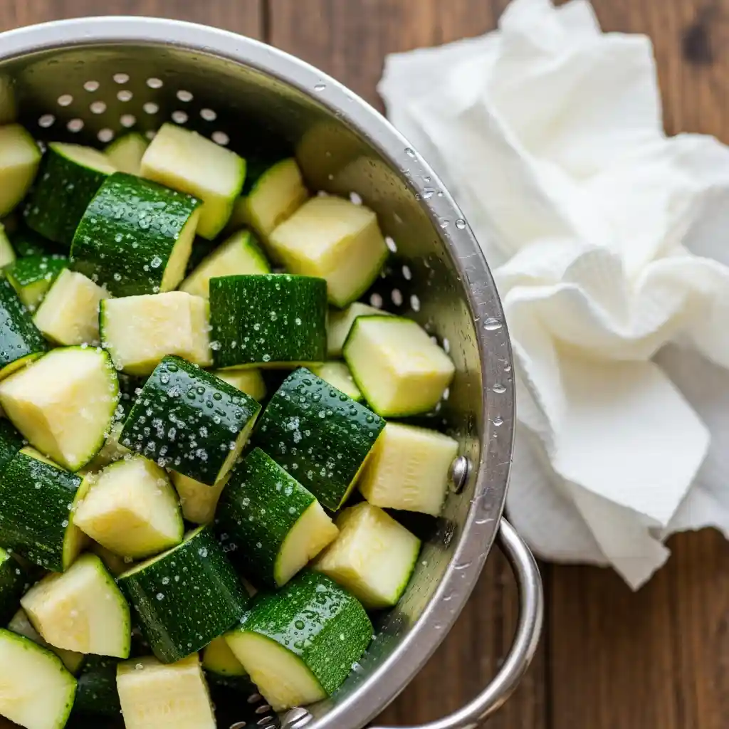 Hands gently patting sliced zucchini pieces dry with a paper towel in a stainless steel colander to remove excess moisture before baking.