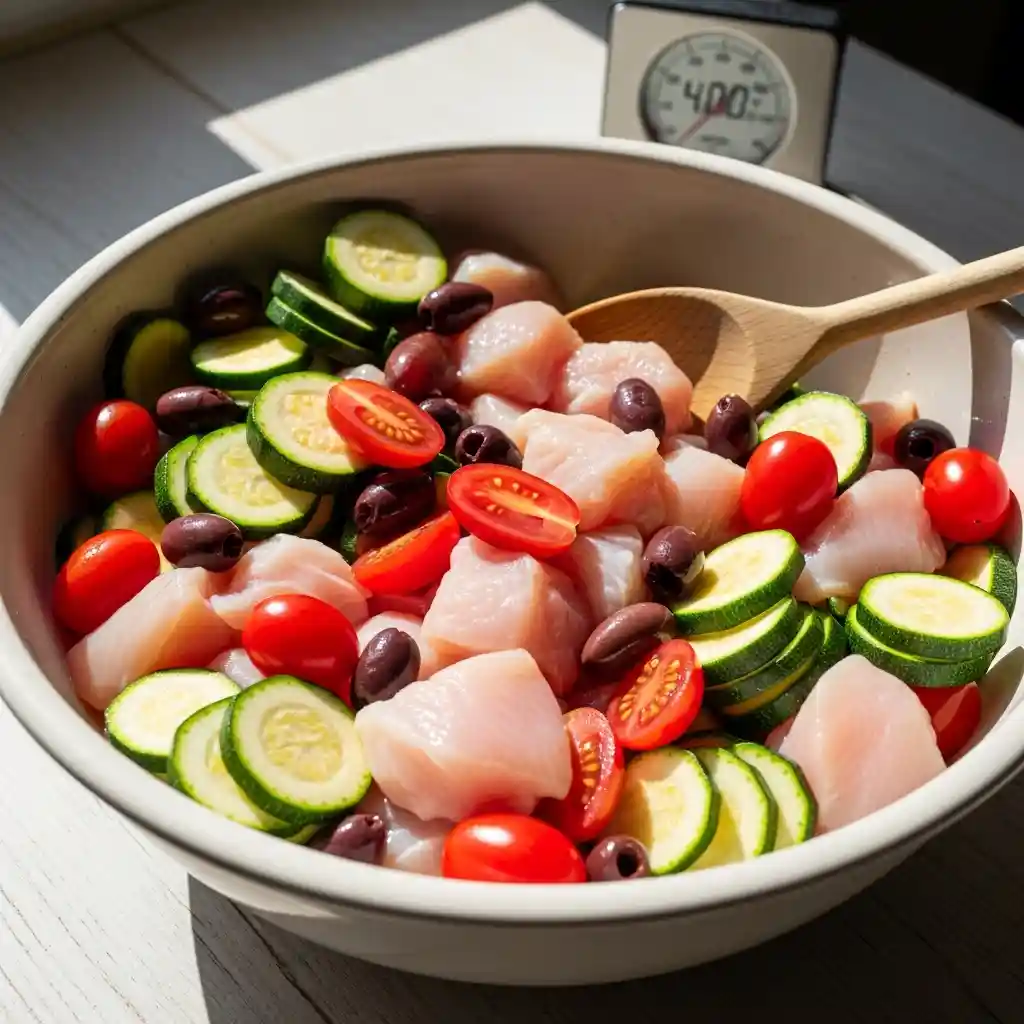 Colorful raw chicken, zucchini, cherry tomatoes, and olives being tossed together in a large white bowl with olive oil, garlic, and Mediterranean seasoning.