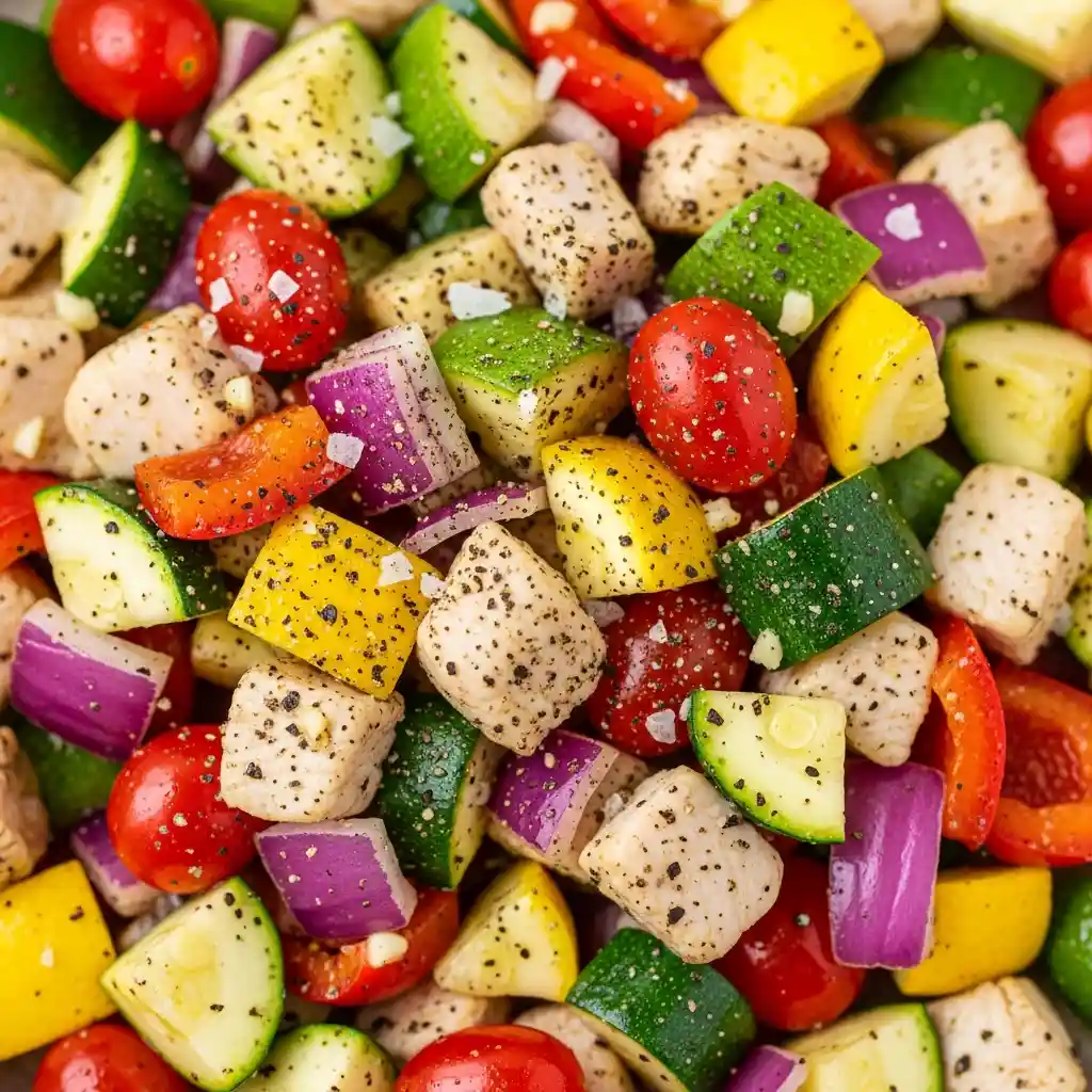 Overhead shot of the seasoned chicken, zucchini, and tomato mixture spread in a single layer in a blue ceramic baking dish, ready for baking.
