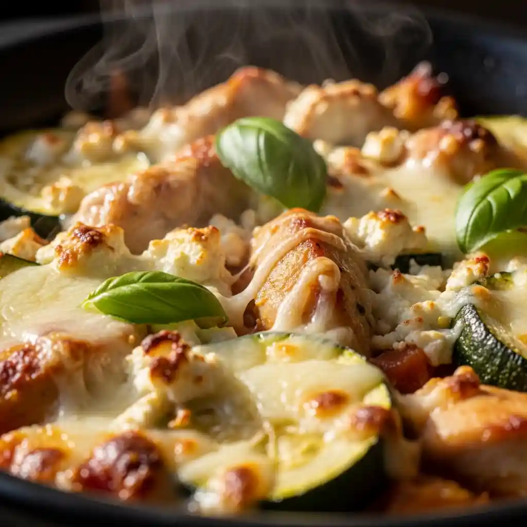 Close-up of the finished Mediterranean Chicken Zucchini Bake fresh out of the oven, topped with melted, bubbly golden feta and mozzarella cheese.