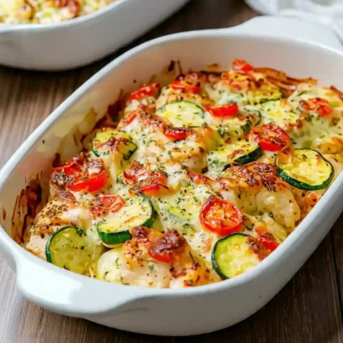 A close-up view of Mediterranean Chicken Zucchini Bake, featuring golden melted feta cheese, sliced zucchini, chicken cubes, and cherry tomatoes, served on a white plate.