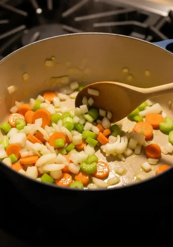 Chopped onions, carrots, and celery sautéing in olive oil in a large Dutch oven on the stove.