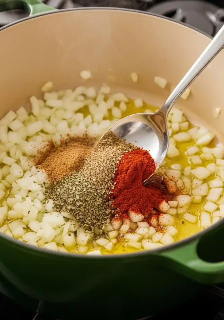 Close-up of diced onions and chili spices being sautéed in olive oil in a large Dutch oven.