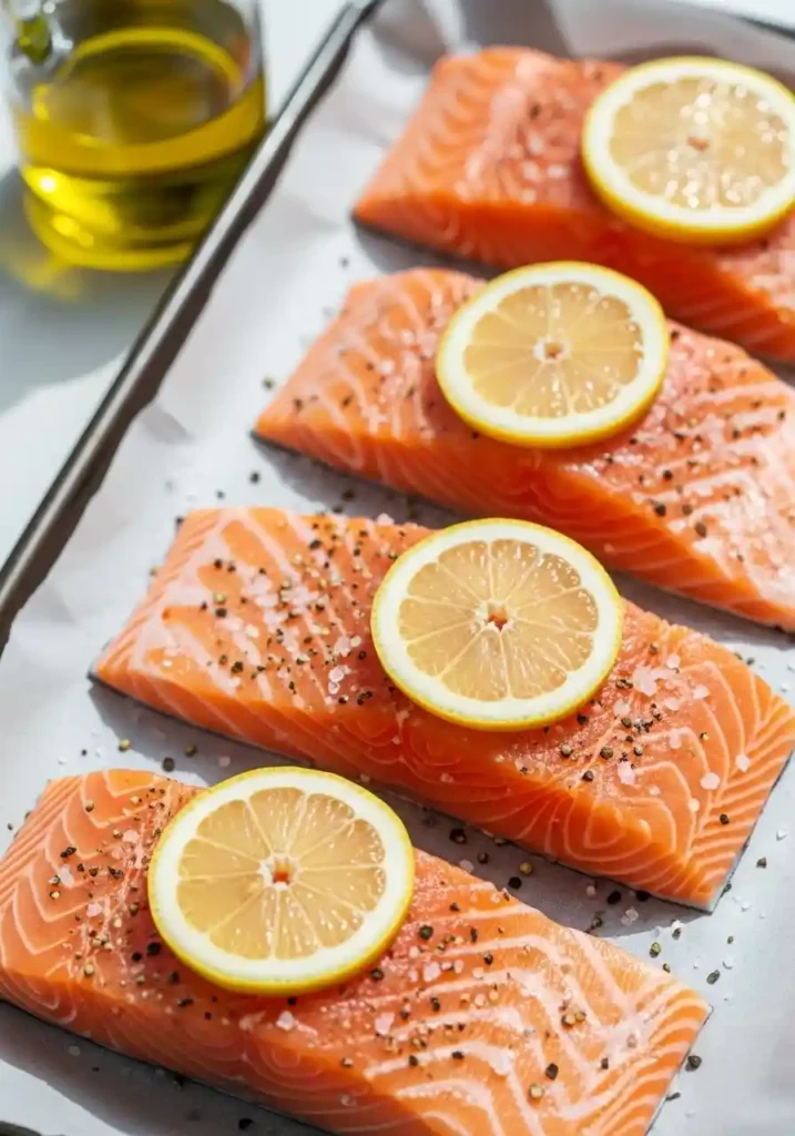 Four raw salmon fillets seasoned with salt, pepper, and topped with fresh lemon slices on a baking sheet, ready for the oven.