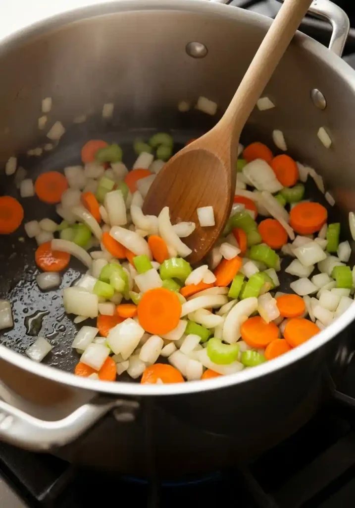 Close-up 3:4 image of chopped onions, carrots, and celery sautéing in a large Dutch oven with a wooden spoon, creating the aromatic base for healthy lentil soup.