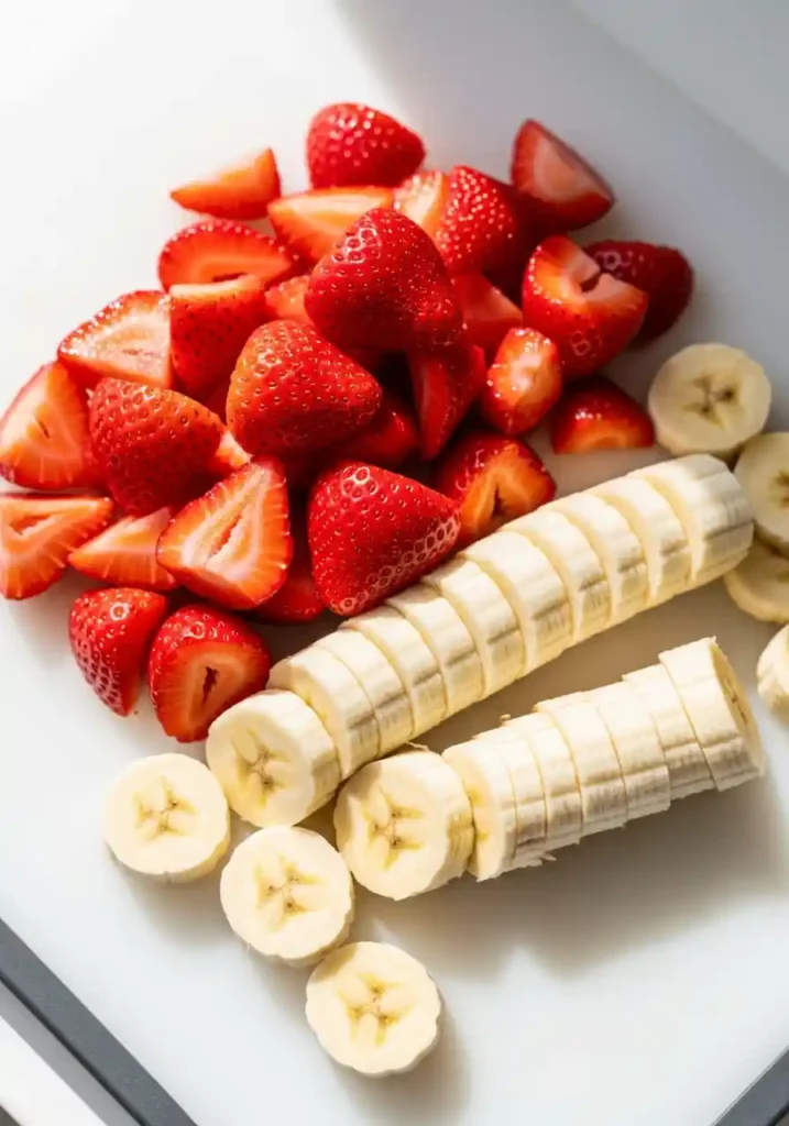 Hands slicing a fresh strawberry on a wooden cutting board with pre-sliced banana nearby.
