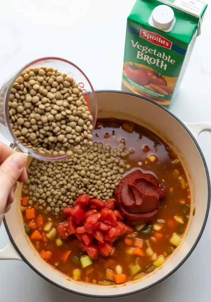 A 3:4 action shot of hands adding rinsed lentils, vegetable broth, and diced tomatoes to a large Dutch oven with sautéed vegetables, for healthy lentil soup.