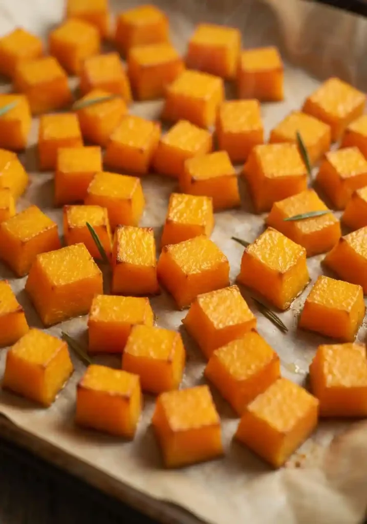 Golden-brown, caramelized butternut squash cubes on a baking sheet after roasting.