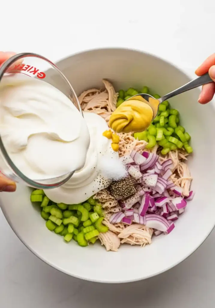 Adding Greek yogurt, Dijon mustard, and lemon juice to chicken salad ingredients in a bowl.