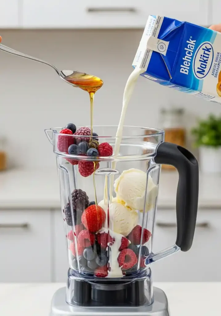 Sliced strawberries, bananas, milk, and vanilla ice cream being added into a clear blender pitcher.