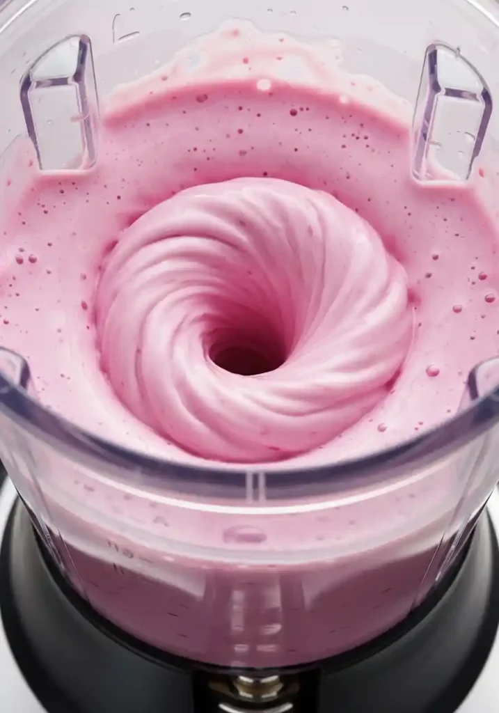 Close-up of a blender actively mixing a vibrant pink strawberry banana milkshake.
