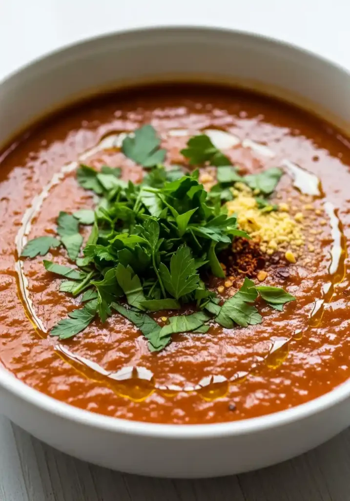 Close-up 3:4 image of a bowl of healthy lentil soup, garnished with fresh chopped parsley and a sprinkle of red pepper flakes, ready to be served.