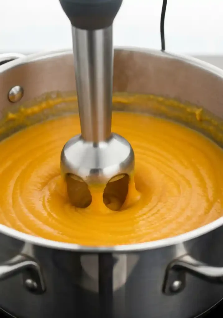 An immersion blender smoothly blending healthy butternut squash soup in a large pot until creamy.