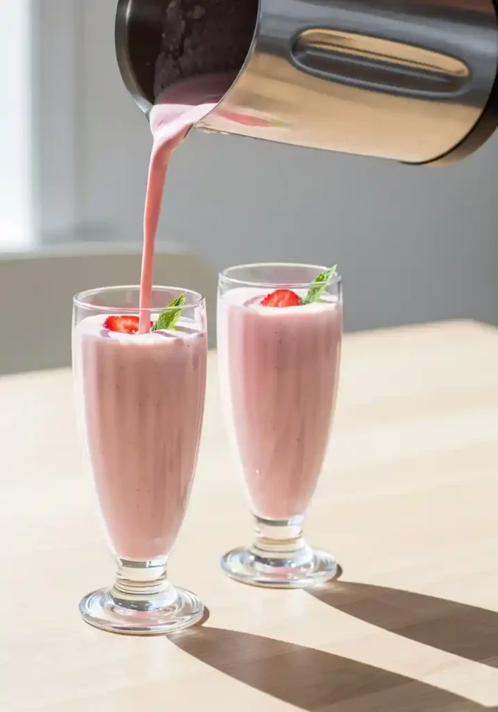 Strawberry banana milkshake being poured from a blender into a glass, with whipped cream and sprinkles ready for garnish.