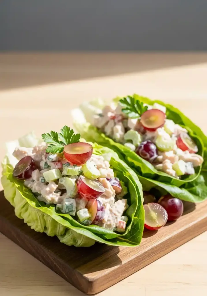 High protein chicken salad served in butter lettuce cups on a wooden board, garnished with parsley and grapes.