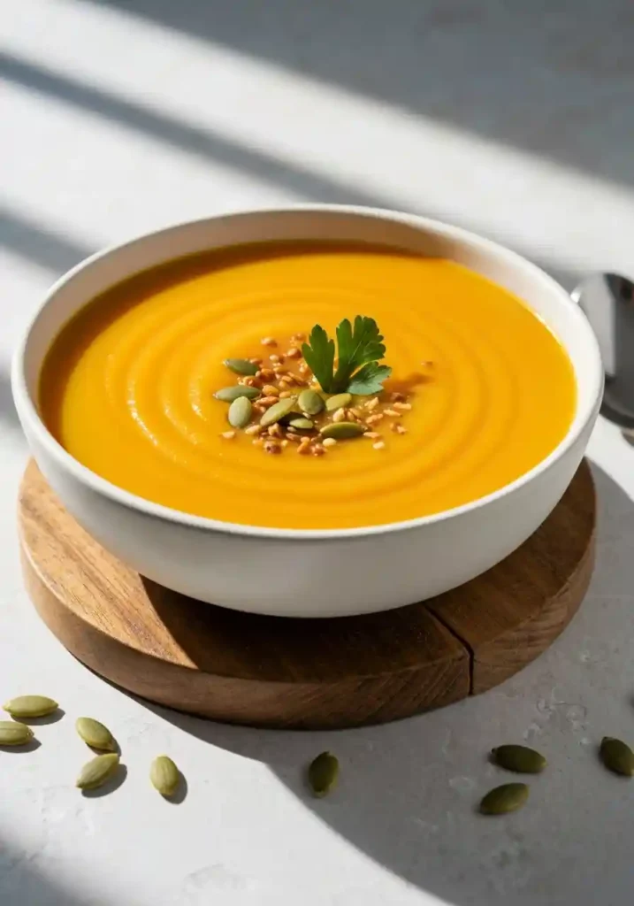 A bowl of healthy butternut squash soup garnished with toasted pepitas and fresh parsley, ready to be served.
