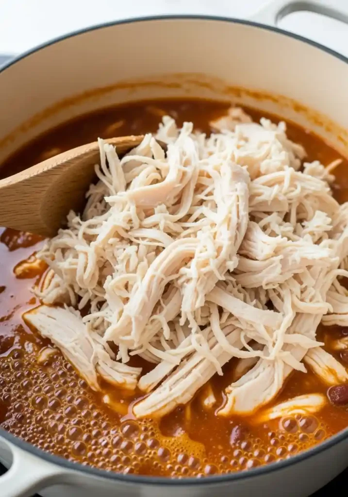 Shredded cooked chicken being stirred into the simmering white bean and green chili mixture in a large pot.