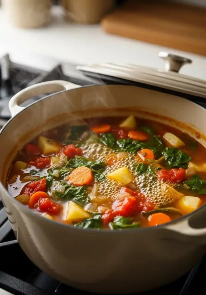Vegan vegetable soup with visible vegetables gently simmering in a large pot on the stovetop, with steam rising.