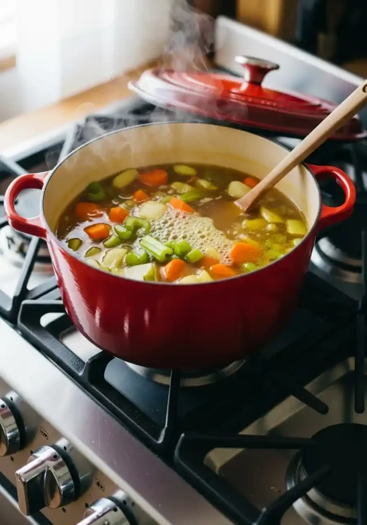 The vegetable broth and chopped vegetables gently simmering inside a large pot on the stove.