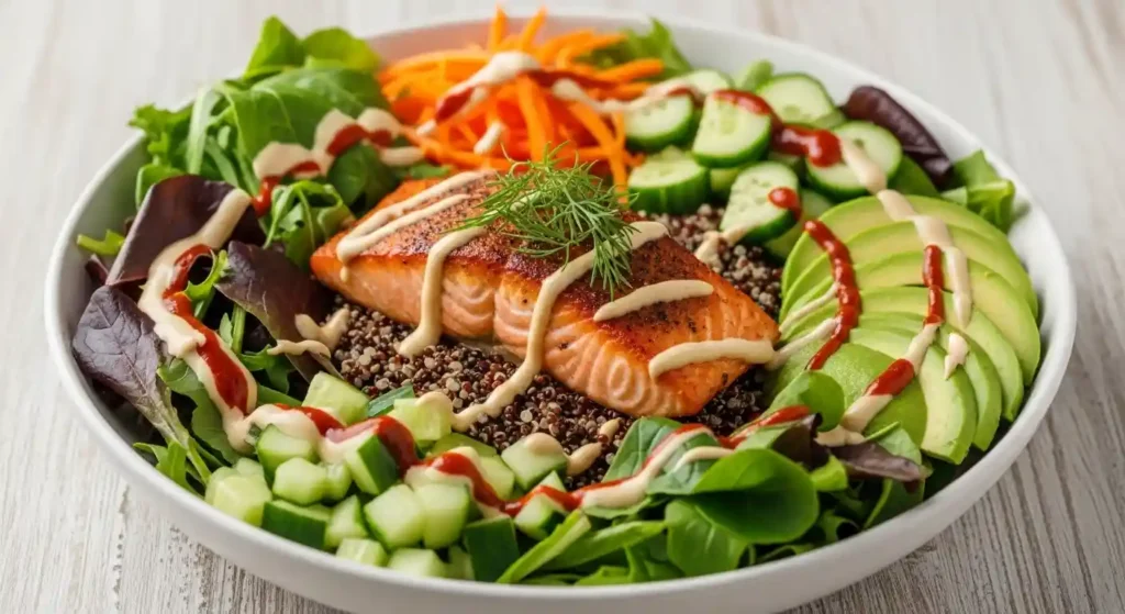 A vibrant Salmon Quinoa Bowl layered with flaky salmon, quinoa, mixed greens, avocado, carrots, and drizzled with Tahini-Sriracha dressing.