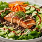 A vibrant Salmon Quinoa Bowl layered with flaky salmon, quinoa, mixed greens, avocado, carrots, and drizzled with Tahini-Sriracha dressing.