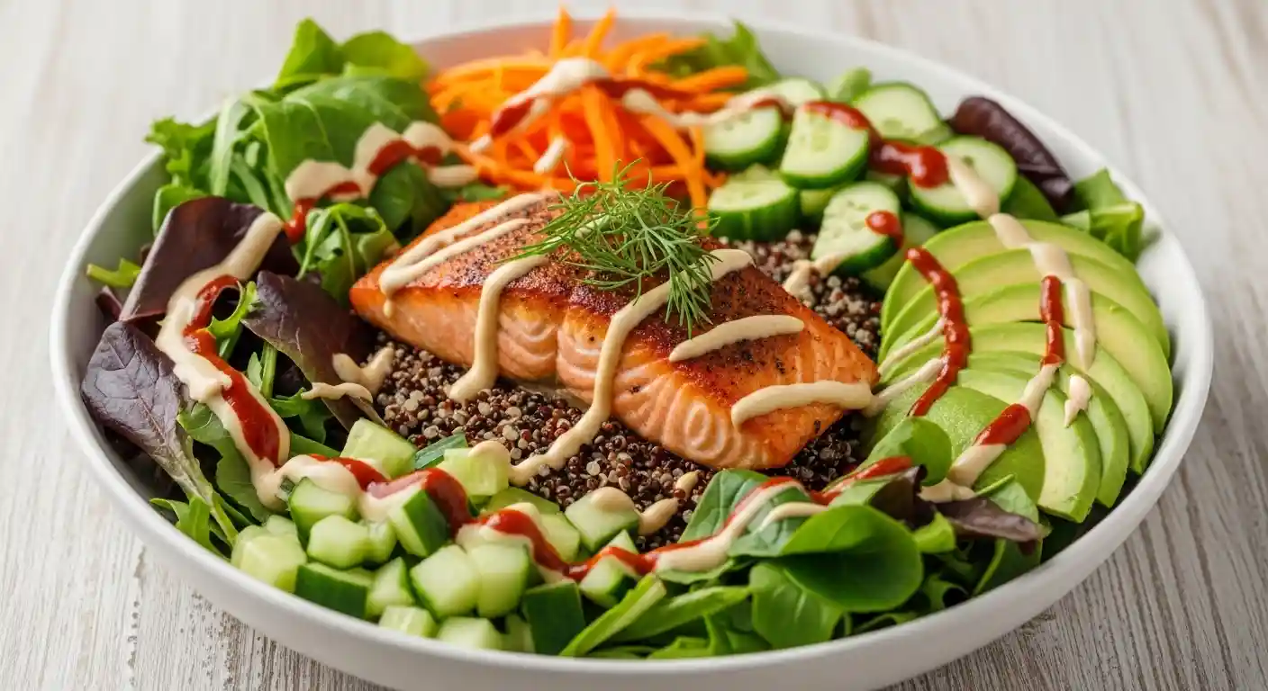 A vibrant Salmon Quinoa Bowl layered with flaky salmon, quinoa, mixed greens, avocado, carrots, and drizzled with Tahini-Sriracha dressing.