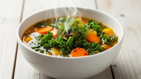 A close-up, backlit image of a vibrant bowl of detox vegetable soup garnished with fresh herbs, steaming gently on a wooden table.
