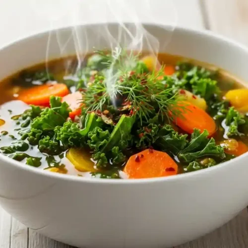 A close-up, backlit image of a vibrant bowl of detox vegetable soup garnished with fresh herbs, steaming gently on a wooden table.