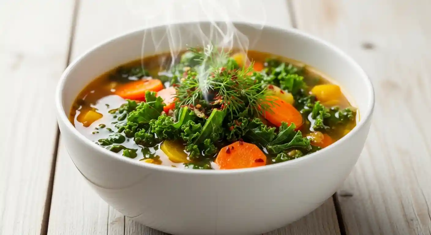 A close-up, backlit image of a vibrant bowl of detox vegetable soup garnished with fresh herbs, steaming gently on a wooden table.