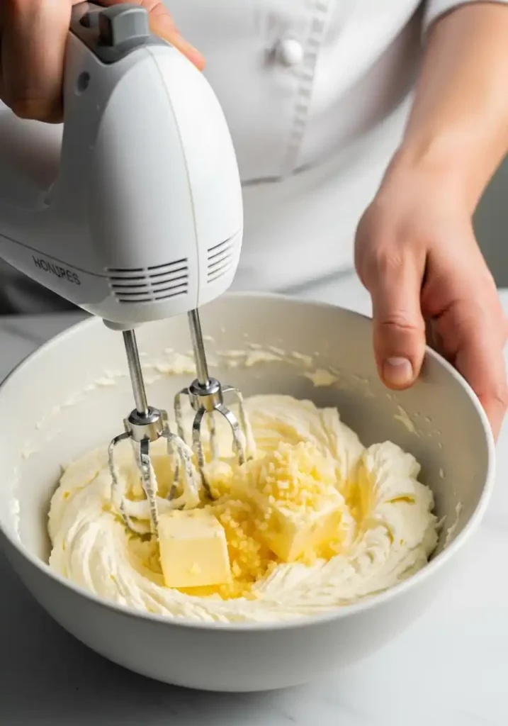 Close-up of a chef using an electric hand mixer to blend softened cream cheese, butter, and minced garlic in a bowl for homemade Boursin cheese.