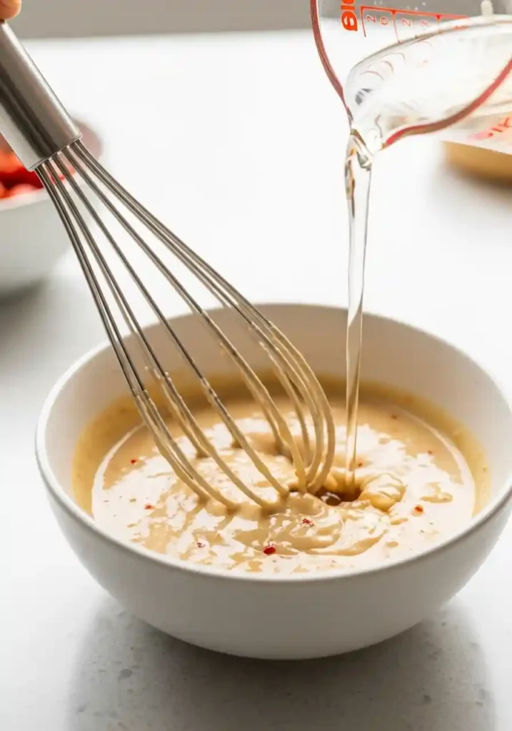 A whisk mixing a creamy, light brown Tahini-Sriracha dressing in a small white bowl.