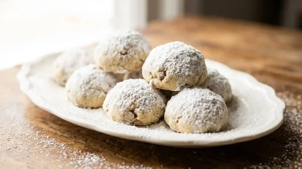 Close-up shot of perfectly white Pecan Snowball Cookies dusted heavily with powdered sugar on a ceramic plate, emphasizing their snowy appearance.