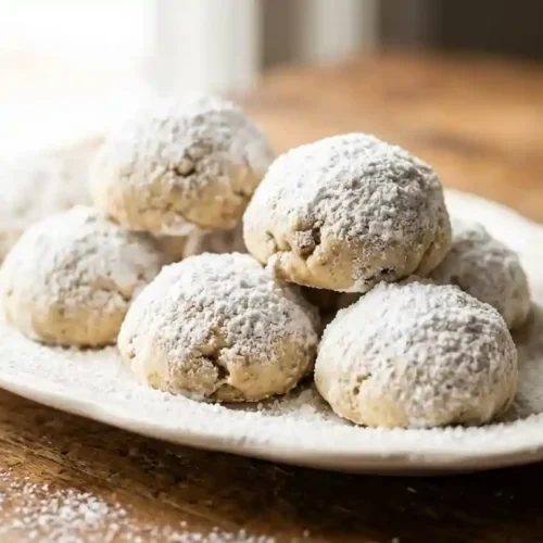 Close-up shot of perfectly white Pecan Snowball Cookies dusted heavily with powdered sugar on a ceramic plate, emphasizing their snowy appearance.