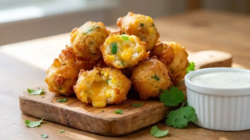 Pile of golden brown crispy jalapeno corn nuggets with ranch dip on a wooden board.