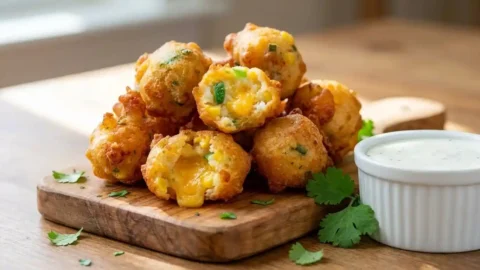 Pile of golden brown crispy jalapeno corn nuggets with ranch dip on a wooden board.