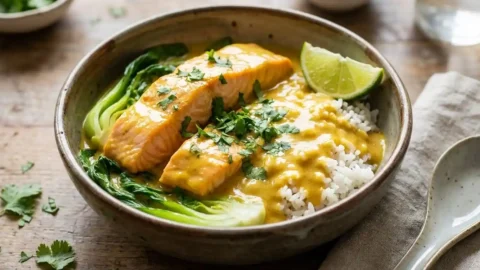 A ceramic bowl filled with golden-yellow coconut miso salmon curry, served over jasmine rice, garnished with fresh cilantro and a lime wedge.