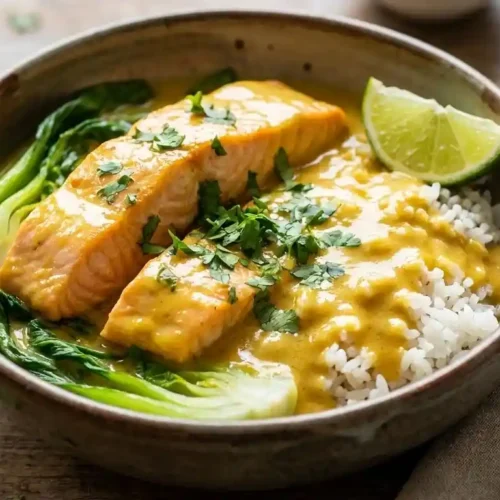 A ceramic bowl filled with golden-yellow coconut miso salmon curry, served over jasmine rice, garnished with fresh cilantro and a lime wedge.