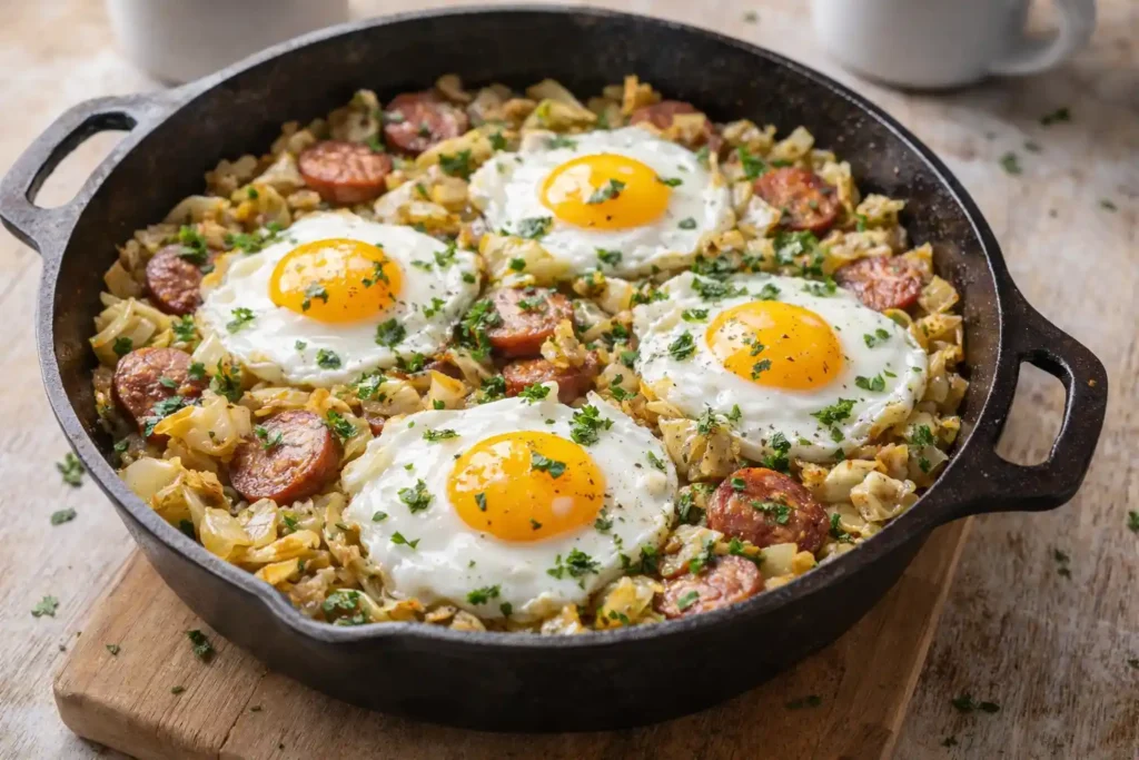 Overhead view of a cast-iron skillet filled with golden-brown breakfast cabbage hash, crispy sausage, and four fried eggs with runny yolks, garnished with fresh parsley on a wooden table.