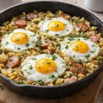 Overhead view of a cast-iron skillet filled with golden-brown breakfast cabbage hash, crispy sausage, and four fried eggs with runny yolks, garnished with fresh parsley on a wooden table.