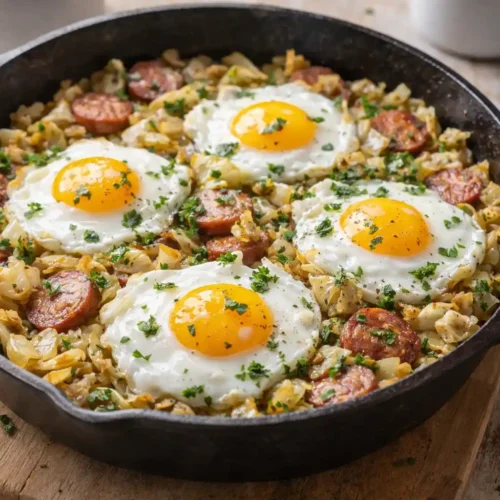 Overhead view of a cast-iron skillet filled with golden-brown breakfast cabbage hash, crispy sausage, and four fried eggs with runny yolks, garnished with fresh parsley on a wooden table.
