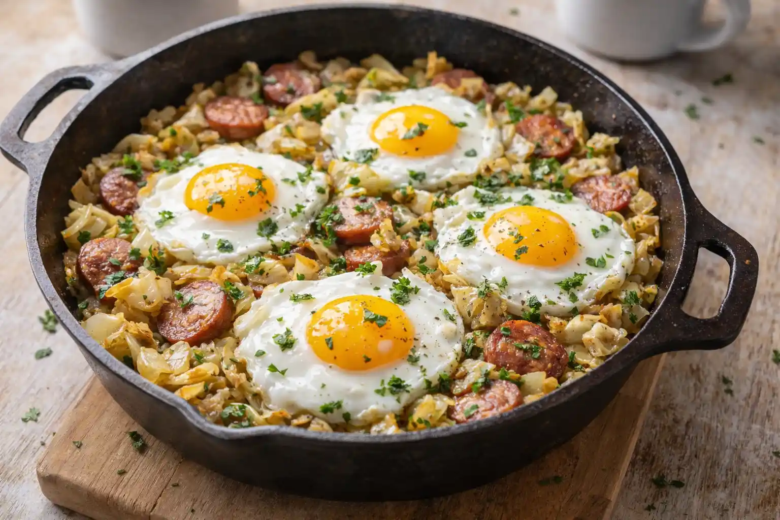 Overhead view of a cast-iron skillet filled with golden-brown breakfast cabbage hash, crispy sausage, and four fried eggs with runny yolks, garnished with fresh parsley on a wooden table.
