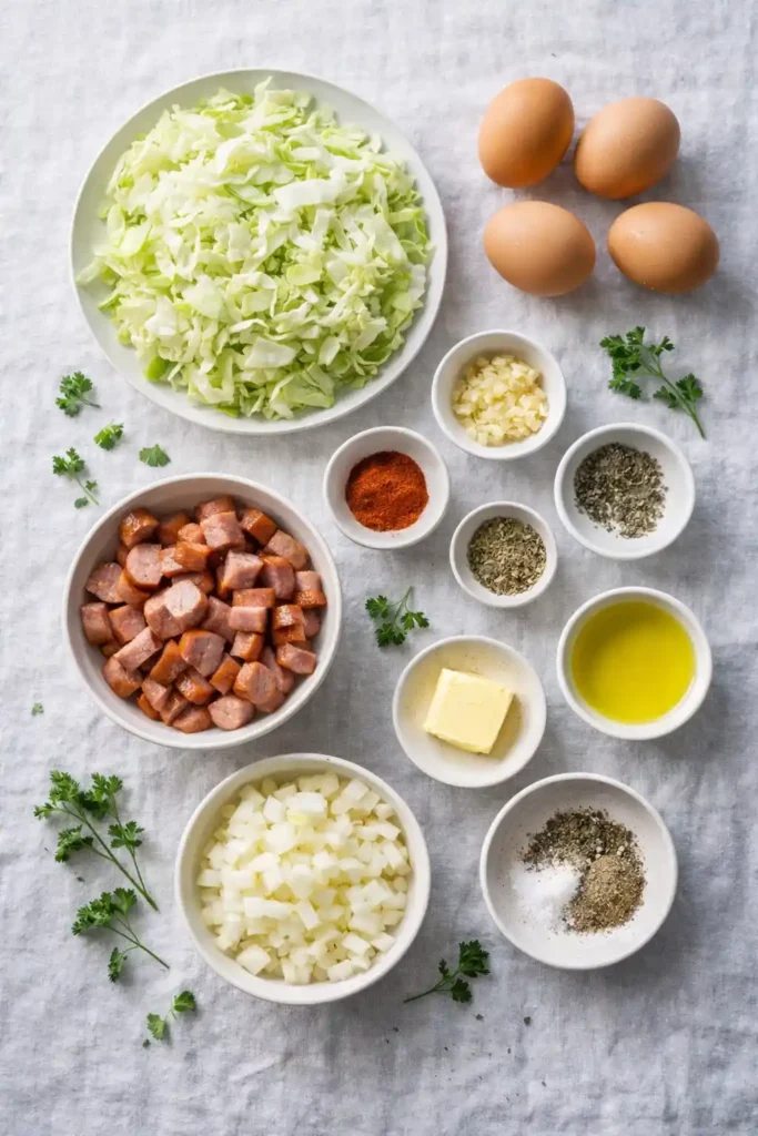 Flat-lay photo of fresh ingredients for breakfast cabbage hash: shredded cabbage, diced sausage, onion, garlic, eggs, butter, spices, and parsley, arranged on a light surface.