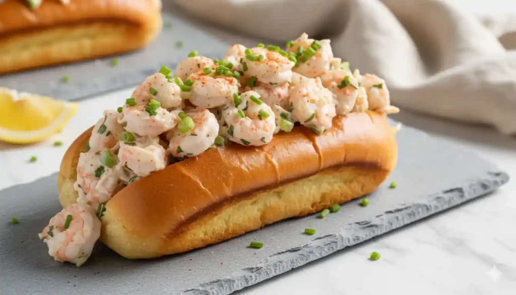 A close-up of a perfectly golden, butter-toasted New England style bun generously stuffed with creamy, herb-flecked langostino lobster meat, garnished with chives and paprika.