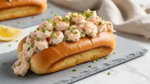A close-up of a perfectly golden, butter-toasted New England style bun generously stuffed with creamy, herb-flecked langostino lobster meat, garnished with chives and paprika.