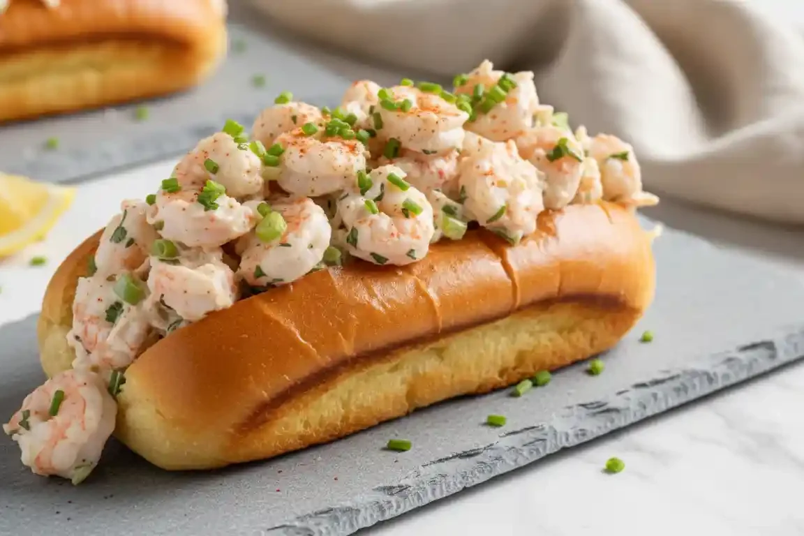 A close-up of a perfectly golden, butter-toasted New England style bun generously stuffed with creamy, herb-flecked langostino lobster meat, garnished with chives and paprika.